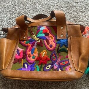 Embroidered Butterfly Leather Tote Bag - Brown
